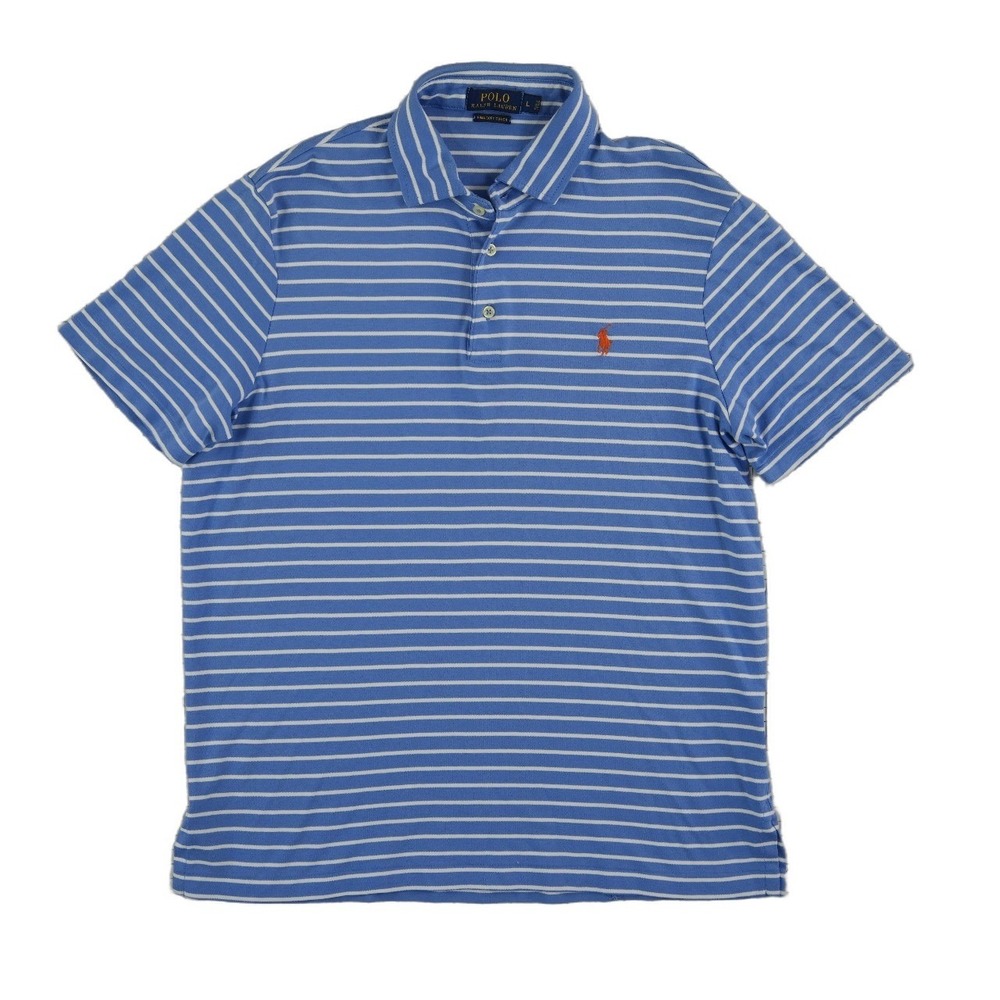 Ralph Lauren Polo Shirt Men's Size Large Blue White Striped 100% Cotton Golf